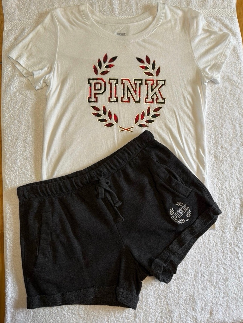 PINK Victoria's Secret White Tee with Black Logo Print Set